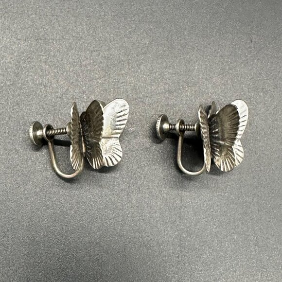 Vintage Sterling Silver Butterfly Screw Back Earrings 3D Double Wing 925 Western - Picture 4 of 8